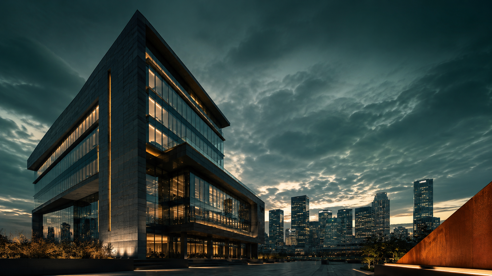 Modern architecture and a city skyline at dusk